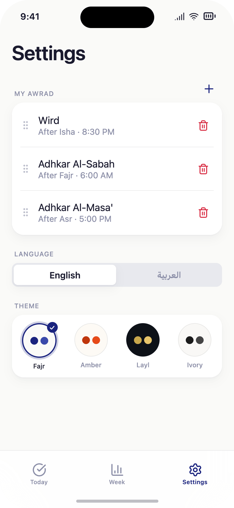 Settings with theme picker and language toggle